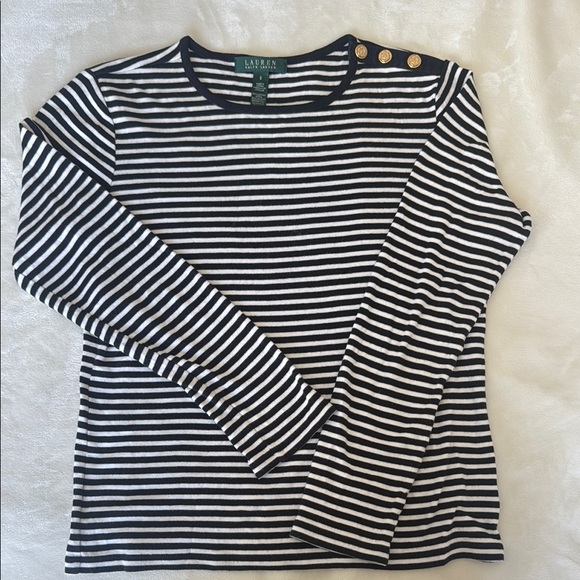 Lauren Ralph Lauren Tops - Lauren Ralph Lauren Navy and White Striped Button Shoulder Top Size Small